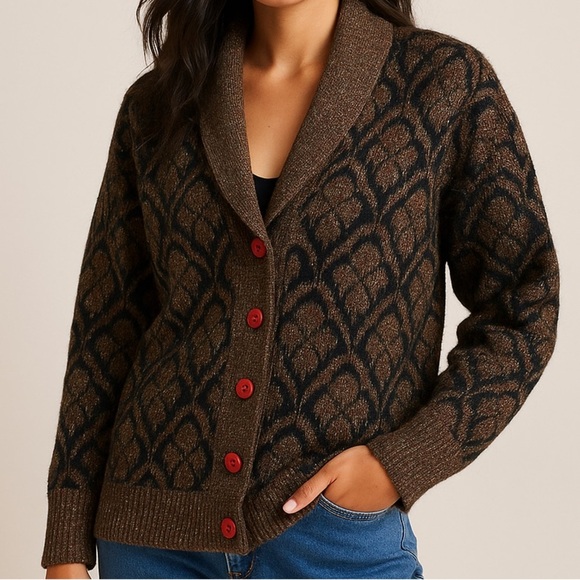 Vintage Sweaters - Vintage Metallic Eyelash Knit Cardigan WK Lung Kong Co Red Button Shawl Collar